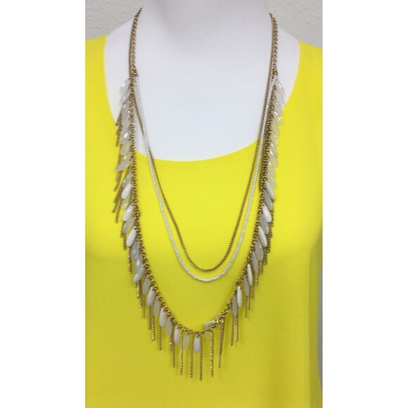 Bay to Baubles Long Necklace Rhionna Opal Fringe Gold-tone White Chains NWT - Picture 7 of 9
